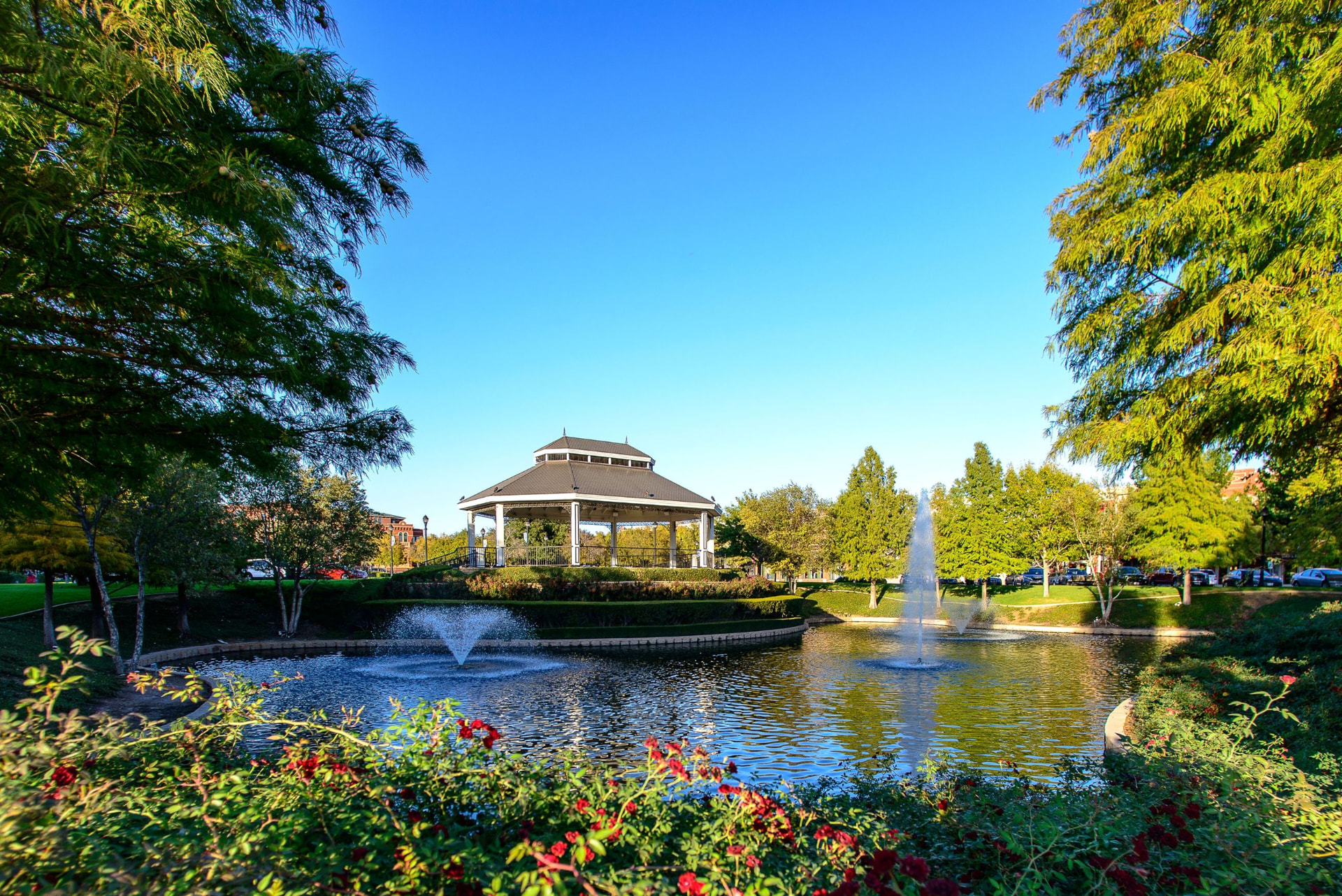 Gazebo, pond, fountains, and gardens in Southlake Town Square